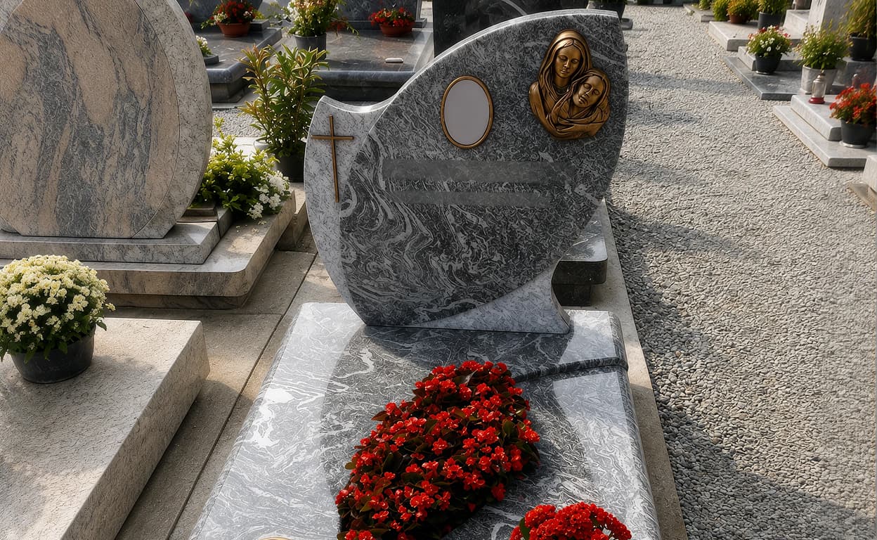 Lapide in marmo scuro in un cimitero, con incisioni e foto sul monumento, fiori rossi in primo piano e tombe decorate con piante vicino