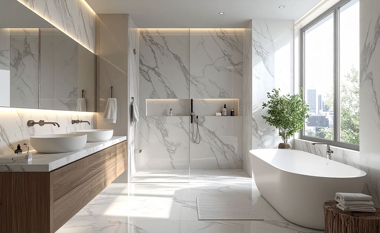 Bagno moderno di design con rivestimenti in marmo chiaro, doccia walk-in, vasca ovale bianca e grande finestra luminosa con piante verdi.