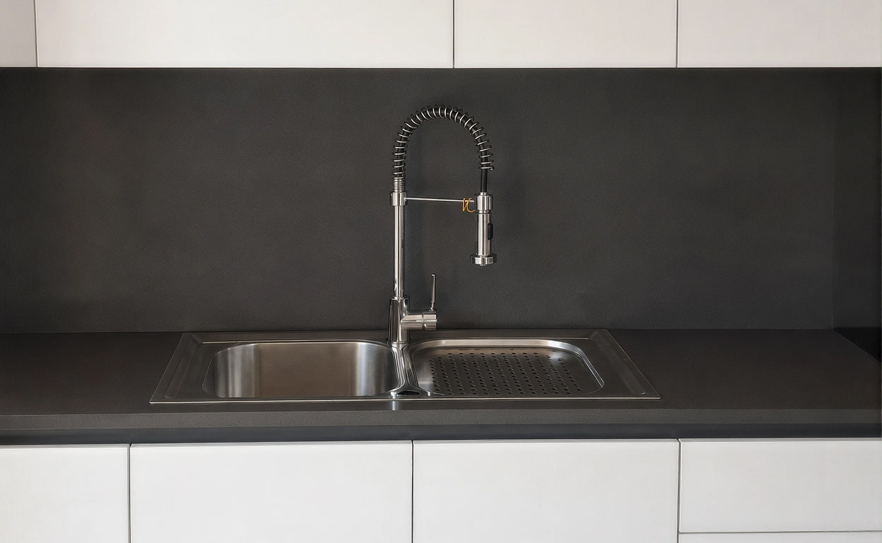Lavello da cucina in acciaio con rubinetto a collo alto e doccetta, inserito in un piano nero e ante bianche della cucina moderna.