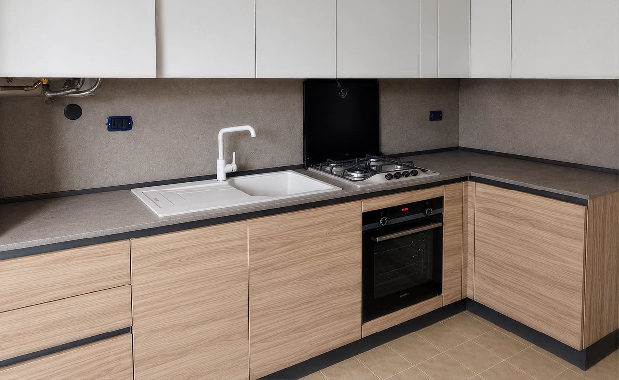 Cucina moderna con top in laminato chiaro, lavello doppio, rubinetto bianco, piano cottura a gas e forno nero integrato in angolo