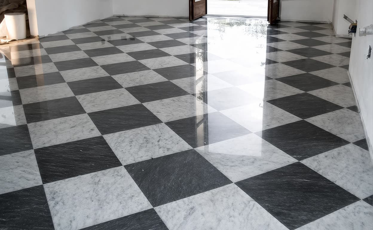 Pavimento in piastrelle in marmo grigio e scuro a scacchiera lucida, riflessi della luce e dettagli della superficie in un ambiente interno.