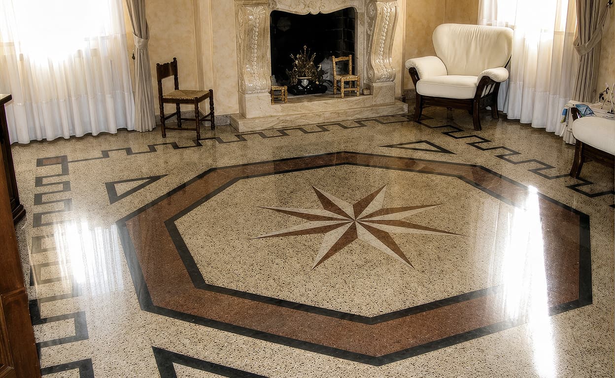 Interno elegante con pavimento in marmo lucido a motivi geometrici, tappeto esagonale centrale e camino in pietra, sedie classiche e tende ai lati.